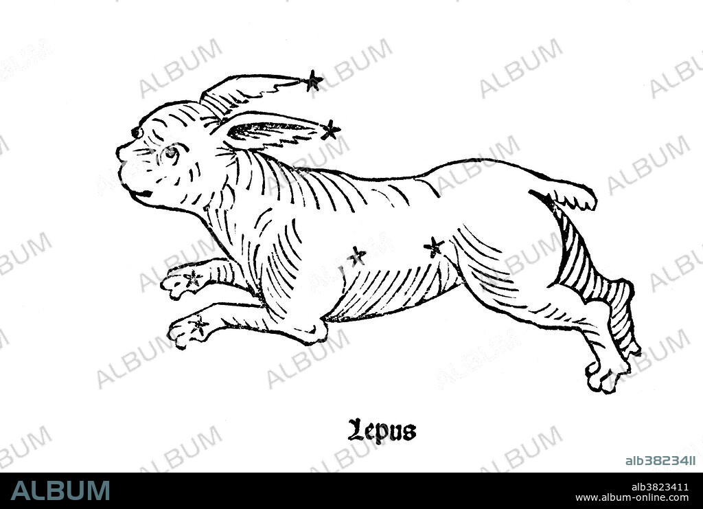 Lepus is a constellation lying just south of the celestial equator, immediately south of Orion. Its name is Latin for hare. Although the hare does not represent any particular figure in Greek mythology, Lepus was one of the 48 constellations listed by the 2nd century astronomer Ptolemy, and it remains one of the 88 modern constellations defined by the International Astronomical Union. Lepus is most often represented as a rabbit being and is located below the constellation Orion (the hunter), whose hunting dogs (Canis Major and Canis Minor) pursue it. Poeticon astronomicon is a star atlas whose authorship is disputed. The work was originally attributed to the Roman historian Gaius Julius Hyginus (64 BC - AD 17). The book lists most of the constellations in the same order as Ptolemy's Almagest (2nd century AD) which has led many to believe that a more recent Hyginus created the text. The Poeticon astronomicon was not formally published until 1482, by Erhard Ratdolt. He commissioned a series of woodcuts, but the relative positions of the stars bear little resemblance to the descriptions given by Hyginus in the text or the actual positions of the stars in the sky.