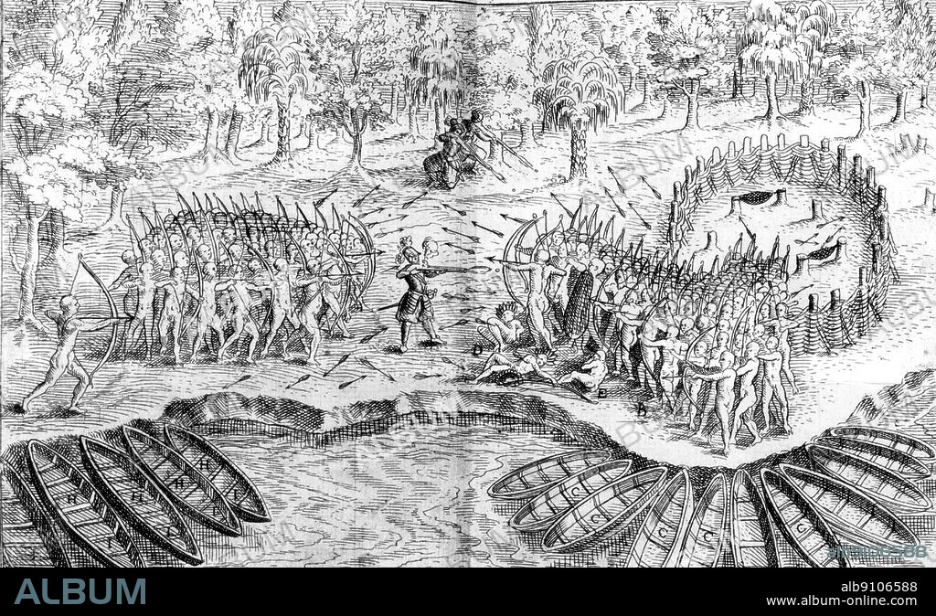 Samuel Champlain's Battle with Red Indians, created 1613. Defeat of the Iroquois by Samuel de Champlain (1567-1635) and Algonquin warriors in 1609 at the site of what is now Lake Champlain, New York.