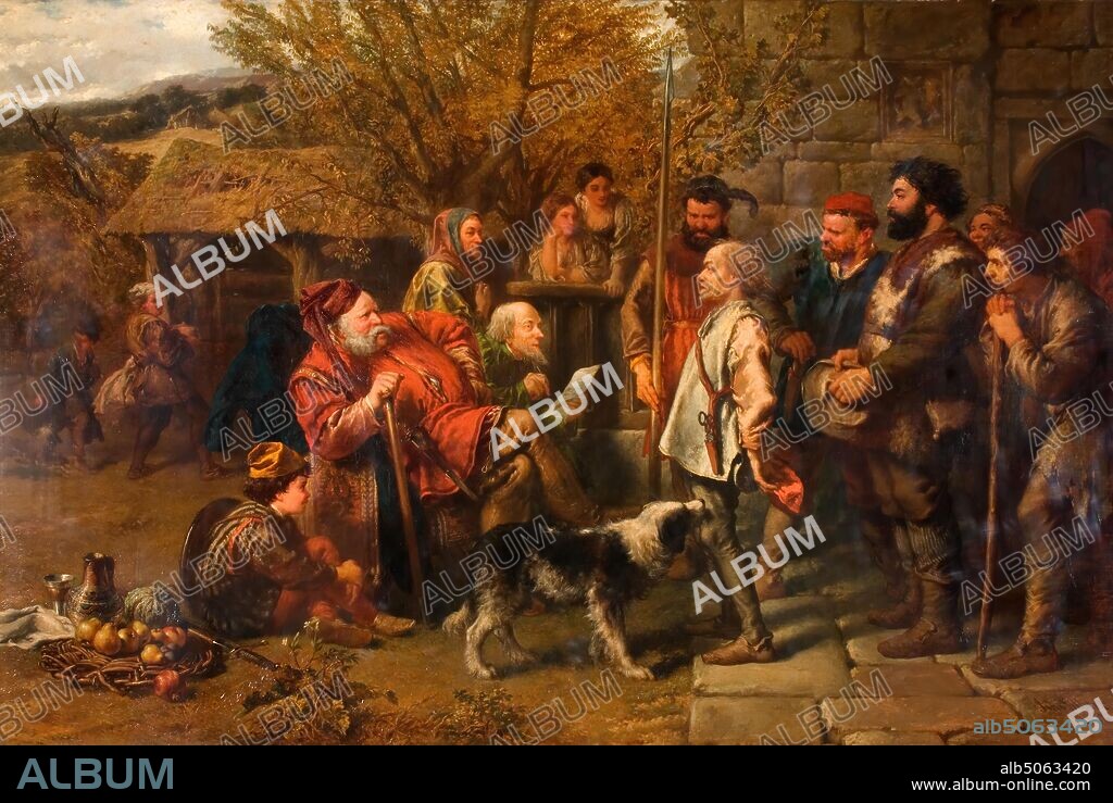 Sir John Falstaff Reviewing His Ragged Regiment, 1858 By Sir John Gilbert, A scene from Henry IV, Part II, Act III, Scene 2, Costume, Oil Painting, Literature, William Shakespeare, Animal, Dog, Collie.
