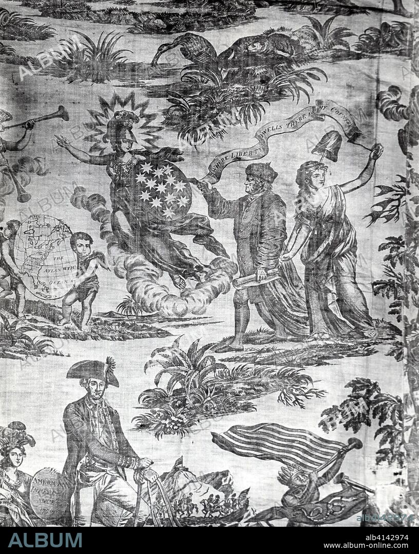 Apotheosis of Franklin (Furnishing Fabric). After mezzotint by Valentine Green (England, 1739-1813) and after portrait by John Turnbull (American, 1756-1843); England, Manchester. Date: 1782-1800. Dimensions: 100.3 × 106.7 cm (39 1/2 × 42 in.). Cotton, plain weave; copperplate printed. Origin: England.