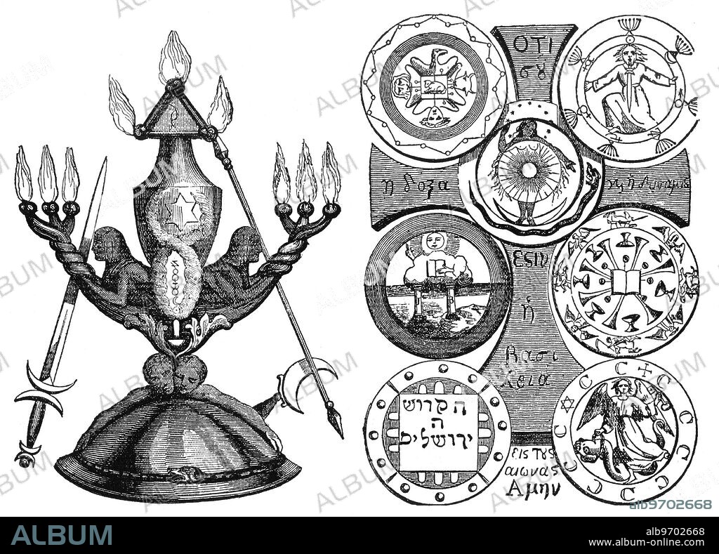 MAGIC SYMBOLS -MAGIC INSTRUMENTS - SEVEN SEALS. Éliphas Lévi (the pseudonym of Louis Constant) was a journalistic occultist who misunderstood many esoteric teachings and traditions, and published his highly personal versions of these in a number of occult-seeming texts, where he succeeded mainly in issuing misleading information. In spite of his general inaccuracy about occult things, his writings have had a powerful influence on popular occult thought, since the late 19th century - especially so on Tarot design. His collections of 'esoteric symbols' [which are highly personal, and eclectic] are of value mainly because of their influence, rather than because of their intrinsic qualities. The symbols used here are from the 1896 English version of Levi's Transcendental Magic. Its Doctrine and Ritual. [Left] The magical instruments - the Lamp, Rod, Sword and Dagger used in magical work and conjuration. Levi gives very precise instructions for the manufacture of these instruments - information mainly derived from the old grimoires, but augmented by his own imagination. He regarded the magical rod as the most important of all these instruments, and insists that in its entire length there should be inserted a long needle of magnetized iron: one end should be polyhedral prism, the other end a polyhedral black resin. [Right] Levi's personal version of the Seven Seal of the Biblical Apocalypse of St. John - the crudely drawn images are largely derived from mediaeval art. The poorly scripted Greek (Levi did not have a profound knowledge of this language] is probably designed more to mystify than to elucidate.