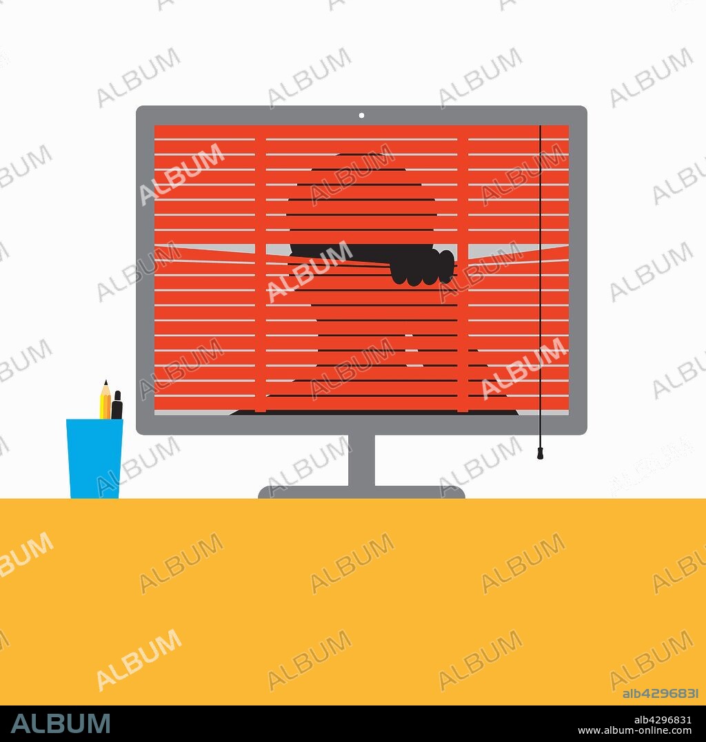 Face peering through venetian blind on computer monitor.
