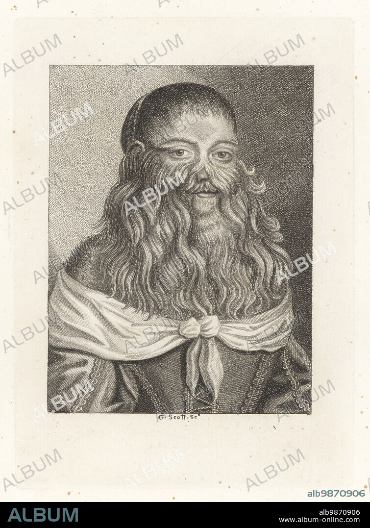 Barbara van Beck, German celebrity and performer, 1629-c.1668. Barbara Ursler, born with hypertrichosis or Ambras syndrome, married her manager Johan Michael van Beck, exhibited and played the harpsichord around Europe. The woman with a hairy face. From a curious and scarce print. Copperplate engraving by George Scott from Samuel Woodburns Gallery of Rare Portraits Consisting of Original Plates, George Jones, 102 St Martins Lane, London, 1816.