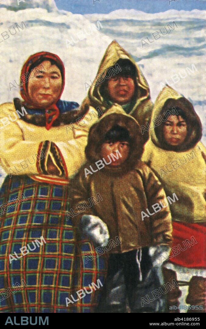 Inuit people from Labrador, northern Canada, c1928. Women and children wearing clothes made of reindeer skins. From "Die Welt in Bildern", (The World in Pictures), cigarette card album, c1928. [Georg A Jasmatzi, A.-G., Dresden, Germany].