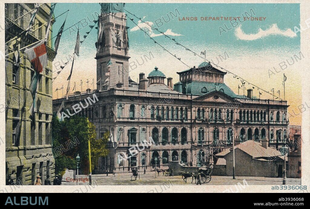 'Lands Department Sydney', c1910. The Department of Lands building is a late nineteenth century building in Bridge Street, Sydney, designed by James Barnet (1827-1904). This view from Bent Street. [G.D. & D., London, c1910].