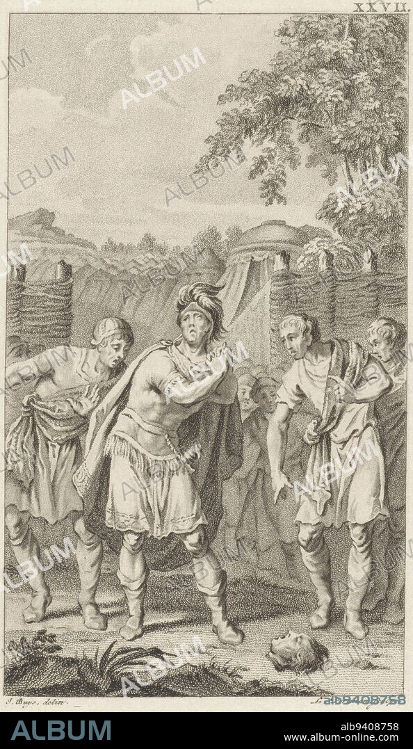 The head of the Carthaginian general Hasdrubal Barkas was thrown over the fence of the Carthaginian army camp by the Romans. His brother Hannibal Barkas bursts into tears when he sees the head lying there. Hannibal by the head of Hasdrubal, print maker: Ludwig Gottlieb Portman, (mentioned on object), intermediary draughtsman: Jacobus Buys, (mentioned on object), Amsterdam, 1795, paper, h 214 mm × w 135 mm.