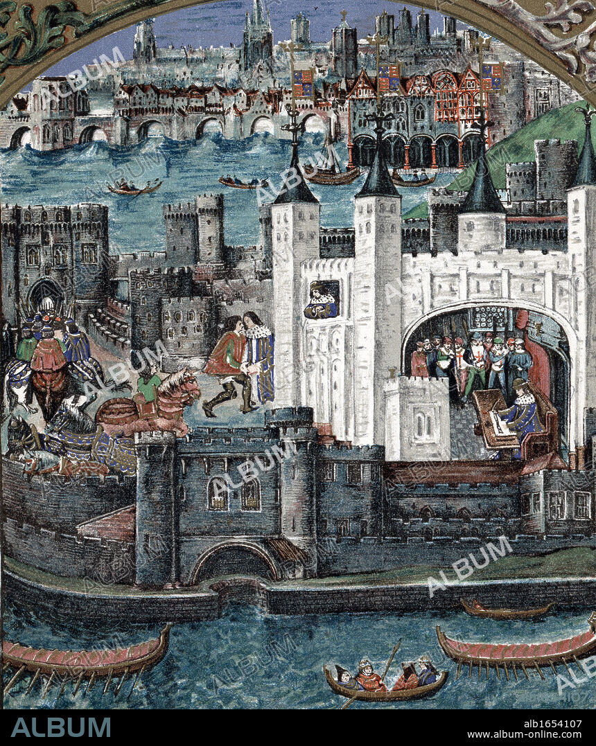 Henry VII (1457-1509) King of England and Ireland from 1485. First Tudor monarch. King at Tower of London greeting a guest, looking out of a window, signing a document in the White Tower. In background is Old London Bridge across the river Thames. In foreground the Thames is rowing boats and water gate into the tower. From manuscript of Poems of Charles Duke of Orleans. Narrative in illustration.