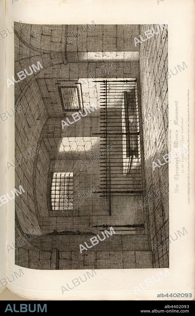 Sir Christopher Wren's Monument in the Crypt of S. Pauls Cathedral, Grave of Sir Christopher Wren in the Crypt of St. Paul's Cathedral in London, signed: Drawn & Engraved by John Coney; Published by Lackington, Hughes, Harding, Marvor & Jones; and Longman, Hurst, Rees, Orme & Brown, Pl. LX, after p. 210, Coney, John (drawing and engraving); Lackington, Hughes, Harding, Marvor & Jones (publ.); Longman, Hurst, Rees, Orne & Brown (publ.), William Dugdale, Henry Ellis: The history of Saint Paul's Cathedral in London, from its foundation: extracted out of original charters, records, leiger-books, and other manuscripts. London: printed for Lackington, Hughes, Harding, Mavor, and Jones; and Longman, Hurst, Rees, Orme, and Brown, 1818.