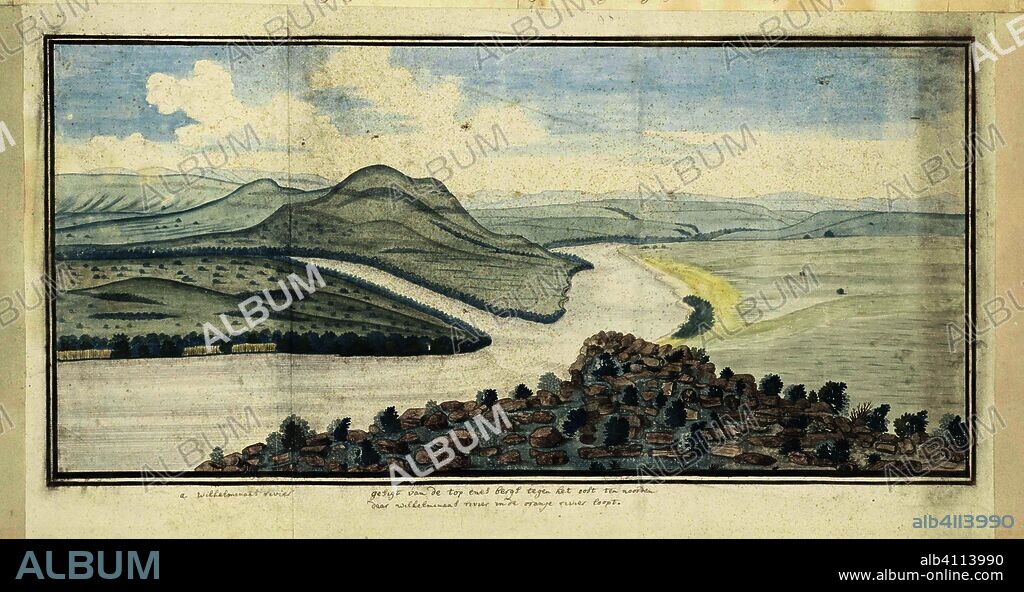 The confluence of the Caledon and Orange Rivers, seen from the south-west. Draughtsman: Robert Jacob Gordon (possibly). Dating: 24-Dec-1777. Place: Kaapprovincie. Measurements: h  mm × w  mm; h 315 mm × w 675 mm.
