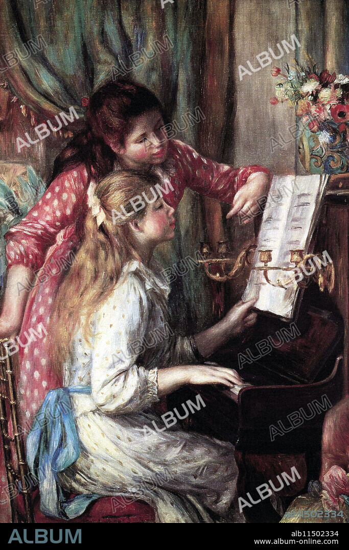 PIERRE-AUGUST RENOIR. Two teenage girls examine the music score on the piano, one seated and one standing.  Pierre-Auguste Renoir, commonly known as Auguste Renoir (25 February 1841 – 3 December 1919), was a French artist who was a leading painter in the development of the Impressionist style. As a celebrator of beauty and especially feminine sensuality.