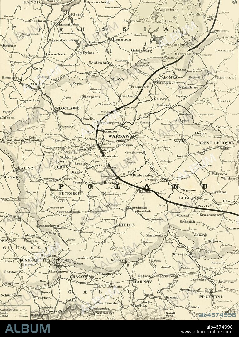 'Map of Poland Showing Position of Conflicting Nations on July 24th, 1915', 1916. Because of its' geographical position between fighting powers, Poland saw much fighting and terrific human and material losses between 1914 and 1918.  From "The War Illustrated Album De Luxe - Volume IV. The Summer Campaign - 1915", edited by J. A. Hammerton. [The Amalgamated Press, Limited, London, 1916].