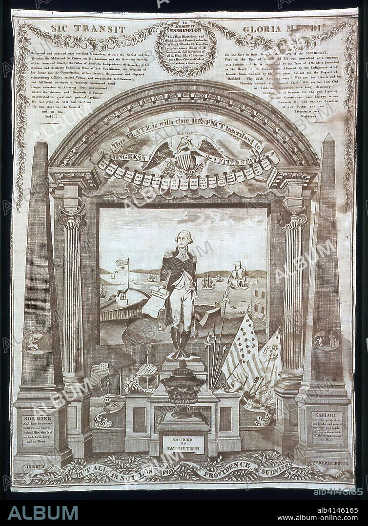 George Washington at the Altar of Liberty (Handkerchief). Possibly printed by Charles Gray (Scottish, active c. 1819) or Colin Gillespie (Scottish, active c. 1819); Engraved by Cornelius Tiebout (American, 1777-1832) after a drawing by Charles Buxton (American, 1768-1833) and Gilbert Stuart (American, 1755-1828); Scotland, Glasgow. Date: 1819. Dimensions: 66 x 48 cm (26 x 18 7/8 in.). Cotton, plain weave; copperplate printed. Origin: Glasgow.