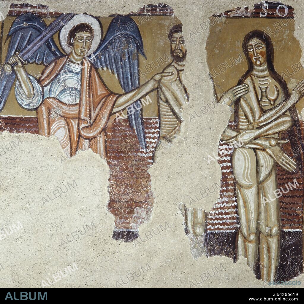 MASTER OF CARDONA. Maestro de Cardona / Dios recrimina a Adán y Eva, pintura mural del ábside de Sant Martí Sescorts, siglo XII,.