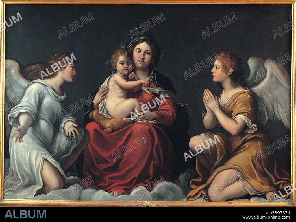 FRANCESCO ALBANI. Madonna with the Child and angels. Date/Period: 1610 - 1615. Oil on Slate. Slate. Height: 109,000,000 mm (67.72 mi); Width: 160,000,000 mm (99.41 mi).