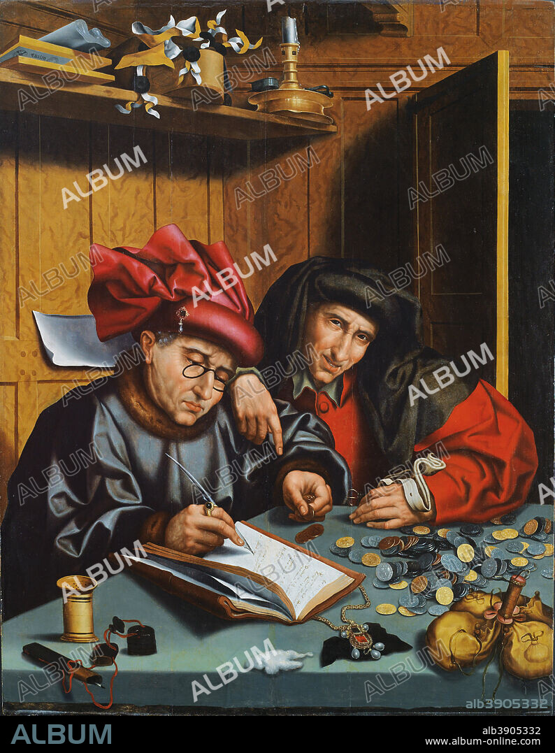 MARINUS VAN REYMERSWAELE. Los cambistas. Date/Period: Ca. 1548. Painting. Oil on panel. Height: 124 cm (48.8 in); Width: 95 cm (37.4 in).