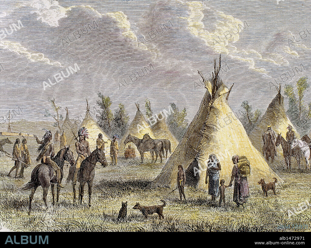 REVEREND SAMUEL MANNING. INDIOS DE AMERICA DEL NORTE. Aldea de los indios SIOUX, cerca del fuerte Laramie. Grabado coloreado, 1884.