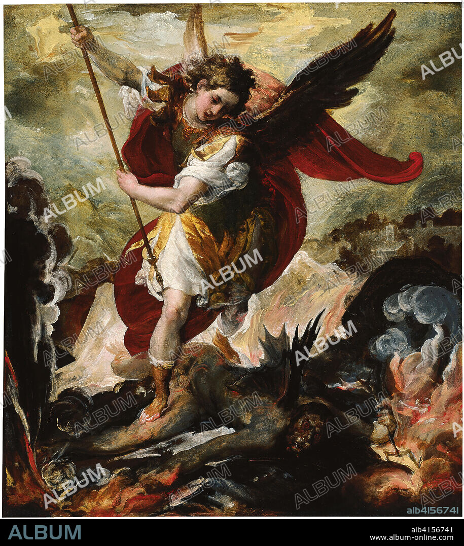 Francesco Maffei (Vicenza, 1605 -Padua, 1660). The Archangel Michael overthrowing Lucifer (ca. 1656). Oil on stone. 80 x 75 cm.