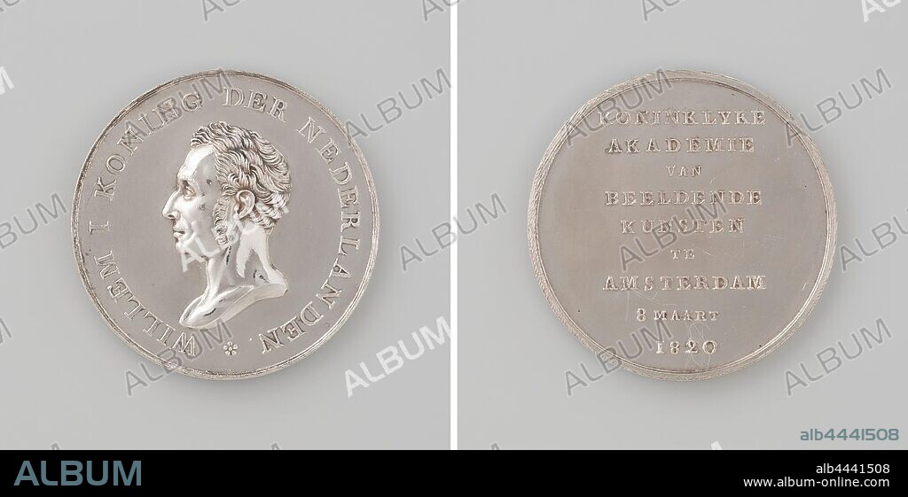 Establishment of the Royal Academy of Visual Arts in Amsterdam, in honor of Willem I Frederik, King of the Netherlands, Silver Medal. Front: man's bust inside the inside. Reverse: inscription, Amsterdam, Willem I Frederik (King of the Netherlands), Rijksakademie van Beeldende Kunsten, anonymous, Netherlands, 1820, silver (metal), striking (metalworking), d 4.2 cm × w 34.94 gr.