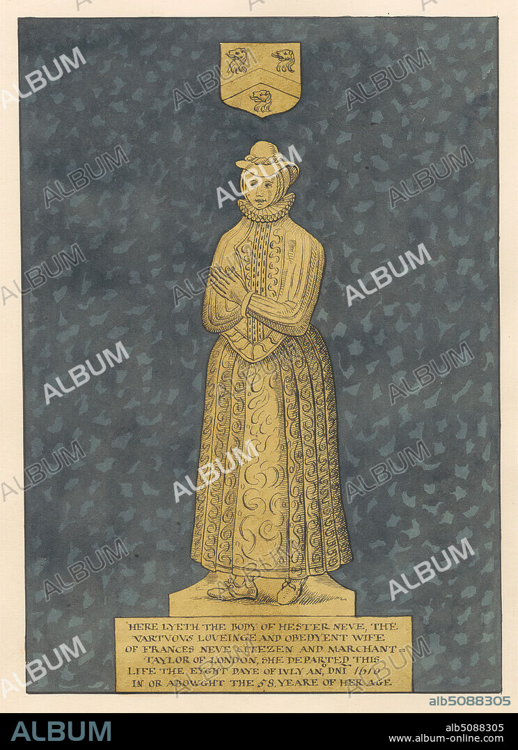 Brass Plate for Mrs. Hester Heve from East Ham Church, Daniel Lysons, 17621834, British, between 1796 and 1811, Pen and black ink and watercolor over graphite on medium, slightly textured, cream wove paper, Sheet: 15 × 10 3/4 inches (38.1 × 27.3 cm), architectural subject, brass, church, memorial, plate, East Ham, England, Greater London, London, St Mary Magdalene Parish Church, United Kingdom.