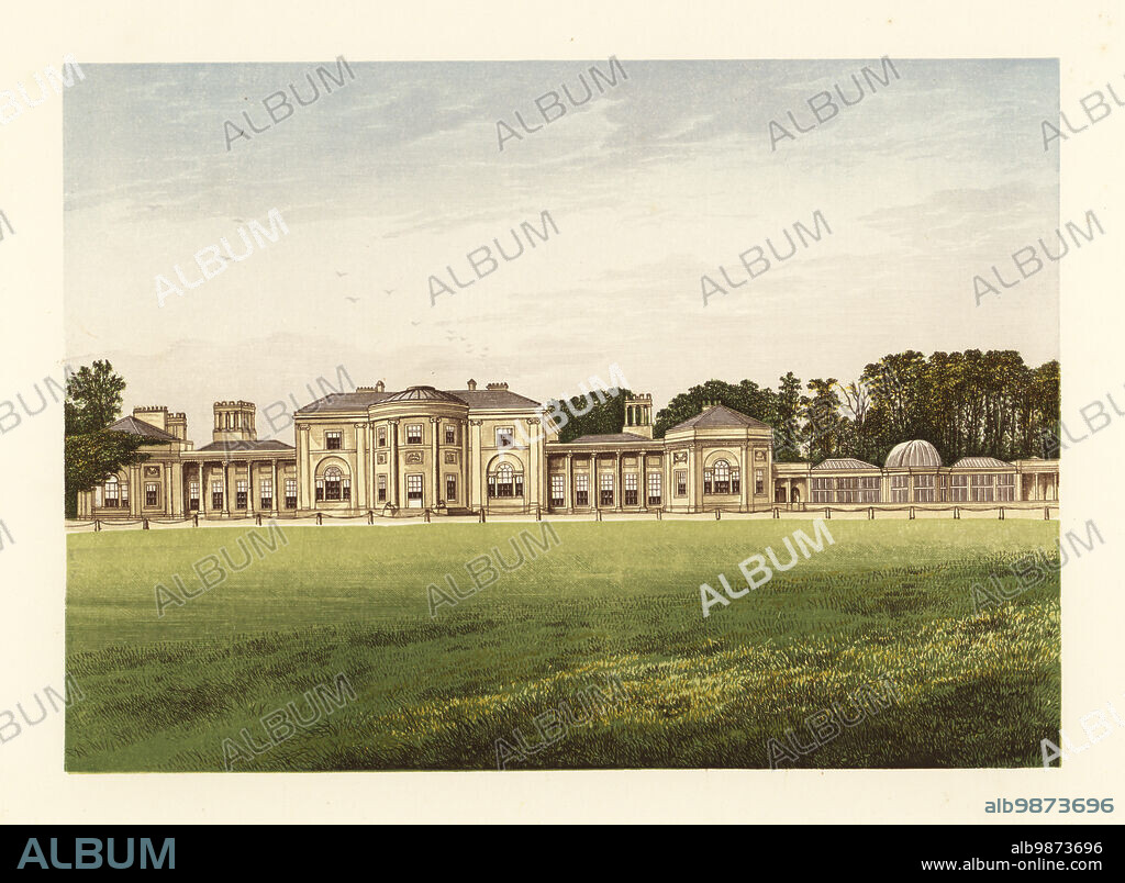 Heaton Park, Lancashire, England. Neoclassical Palladian building with Ionic columns and dome, designed by architect James Wyatt in 1772. Home of Thomas Grosvenor, Earl of Grey de Wilton. Colour woodblock by Benjamin Fawcett in the Baxter process of an illustration by Alexander Francis Lydon from Reverend Francis Orpen Morriss A Series of Picturesque Views of the Seats of Noblemen and Gentlemen of Great Britain and Ireland, William Mackenzie, London, 1880.