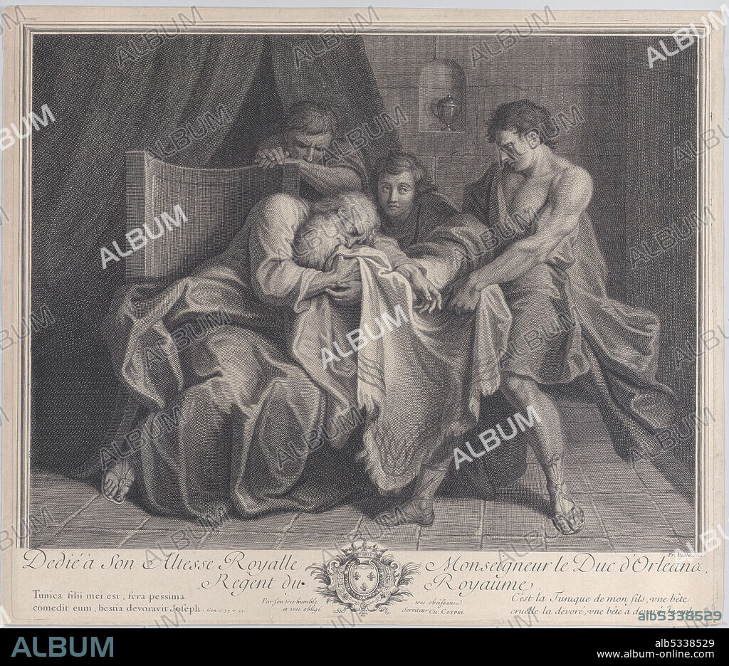 FRANCOIS DE POILLY. Jacob crying into his son's robe while his other sons pull it away from him, 1724. [Tunica filii mei est, fera pessima, comedit eum, bestia devoravit Joseph. C'est la Tunique de mon fils, une bête cruelle la devoré, une bête a devoré Joseph. Jacob identified the blood-soaked coat of many colours as the one he made for Joseph: 'It is my son's tunic. A vicious animal has devoured Joseph'].