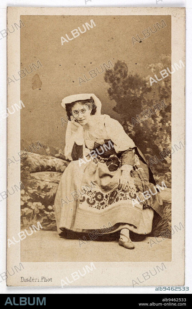 Portrait of Marie Vernon, dancer at the Opera in 1862, in the role of Fenella, in La Muette de Portici by Daniel-François-Esprit Auber., Disdéri, André-Adolphe-Eugène, Photographer, Between 1860 and 1890, 2nd half of the 19th century, Photography, Graphic arts, Photography, Albumen paper print, Dimensions - Work: Height: 8.5 cm, Width: 5.2 cm, Dimensions: Height: 9.4 cm, Width: 6.1 cm.
