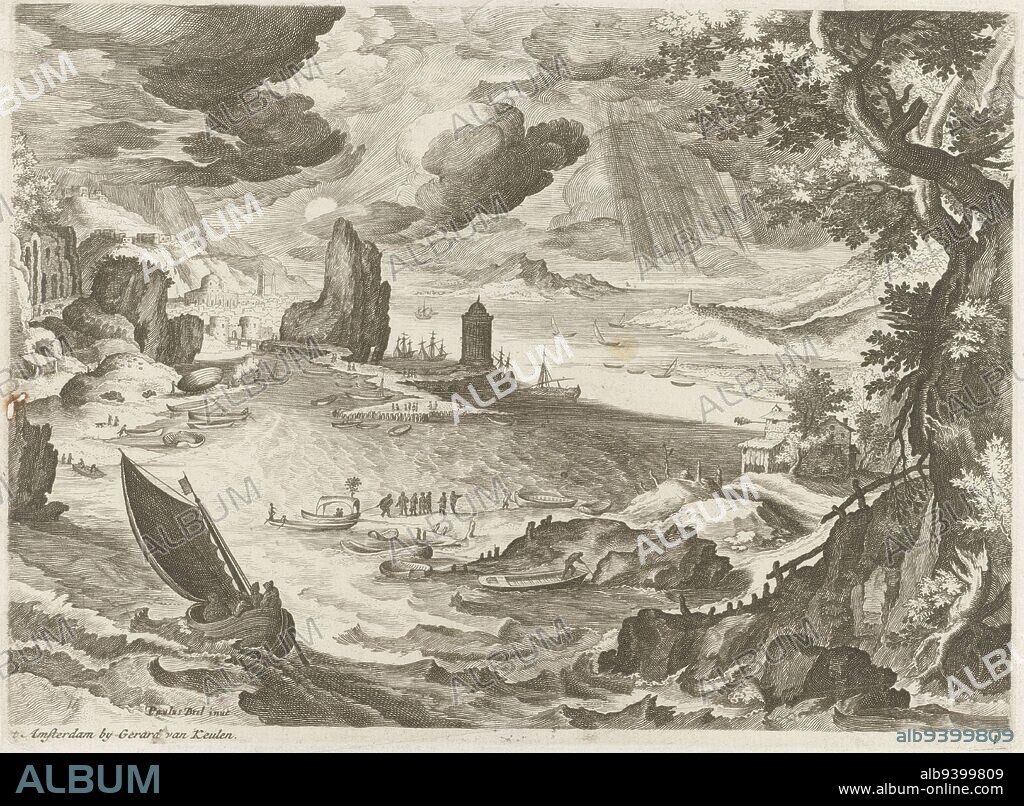 Coastal landscape with a sailing ship heading for a harbor in the foreground. Coastal landscape with sailing ship, Raphaël Sadeler (I), print maker: anonymous, Paul Bril, (mentioned on object), Amsterdam, 1688 - 1727, paper, engraving, etching, h 196 mm × w 272 mm.