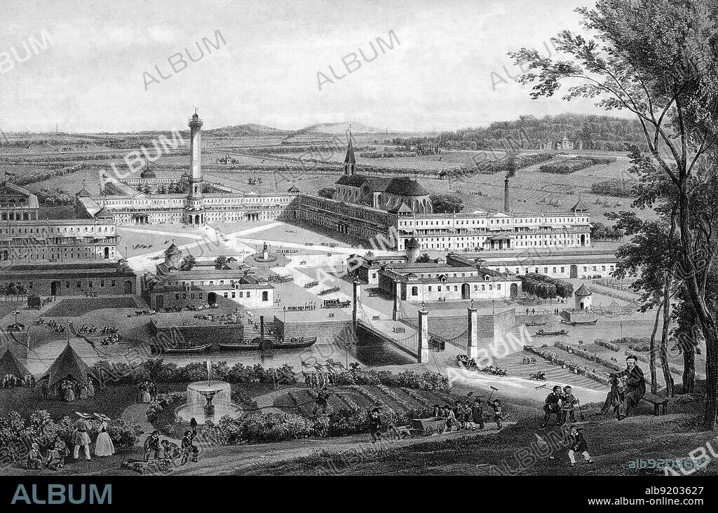 A phalanstère or phalanstery was a type of building designed for a self-contained utopian community, ideally consisting of 500-2000 people working together for mutual benefit, and developed in the early 19th century by Charles Fourier. Fourier (1772-1837) was a French philosopher and one of the founders of utopian socialism. He is credited with having originated the word feminism in 1837.