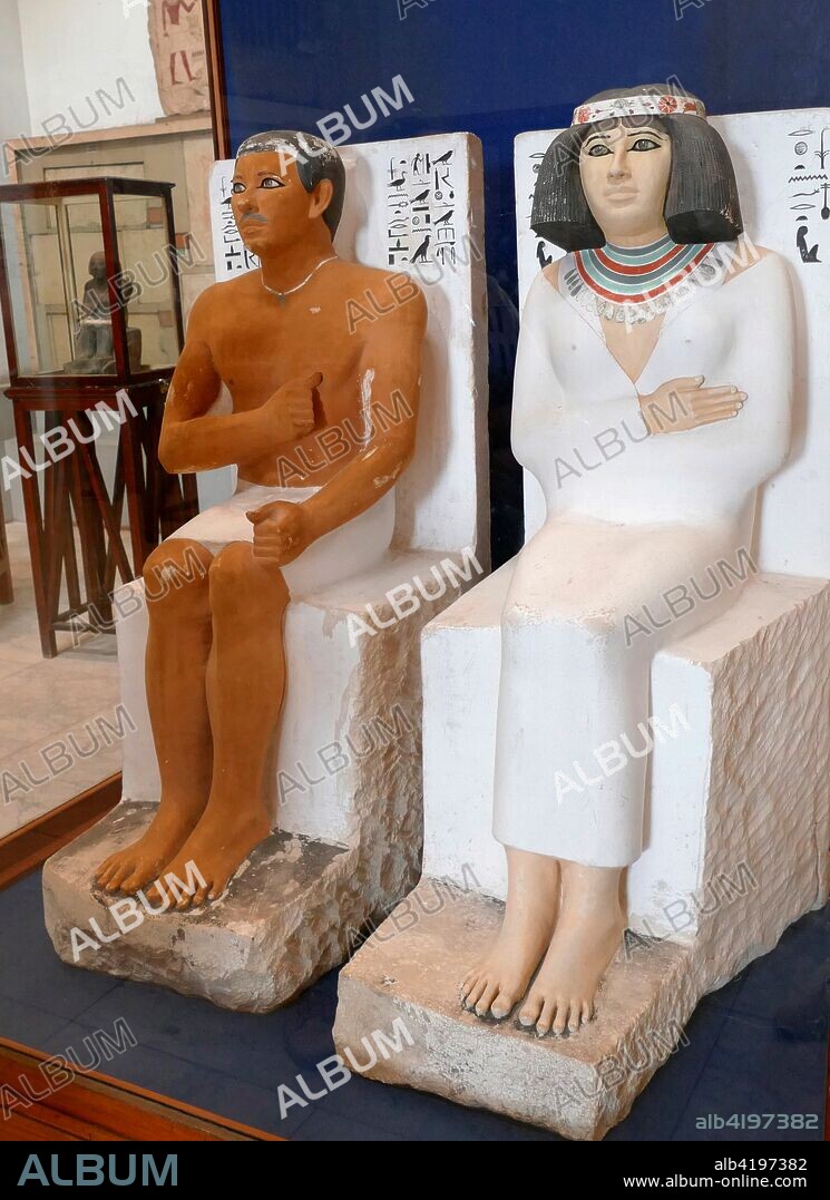 Painted limestone statue of Rahotep and Nofret. Prince Rahotep was a Prince in ancient Egypt during the 4th dynasty. He was probably a son of Pharaoh Sneferu. The statues were discovered in 1871 by Albert Daninos. an assistant to the French explorer and early archaeologist. Auguste Mariette. Their burial in a Mastaba located near the pyramid of Meidum shows they were members of the royal family of the Fourth Dynasty.