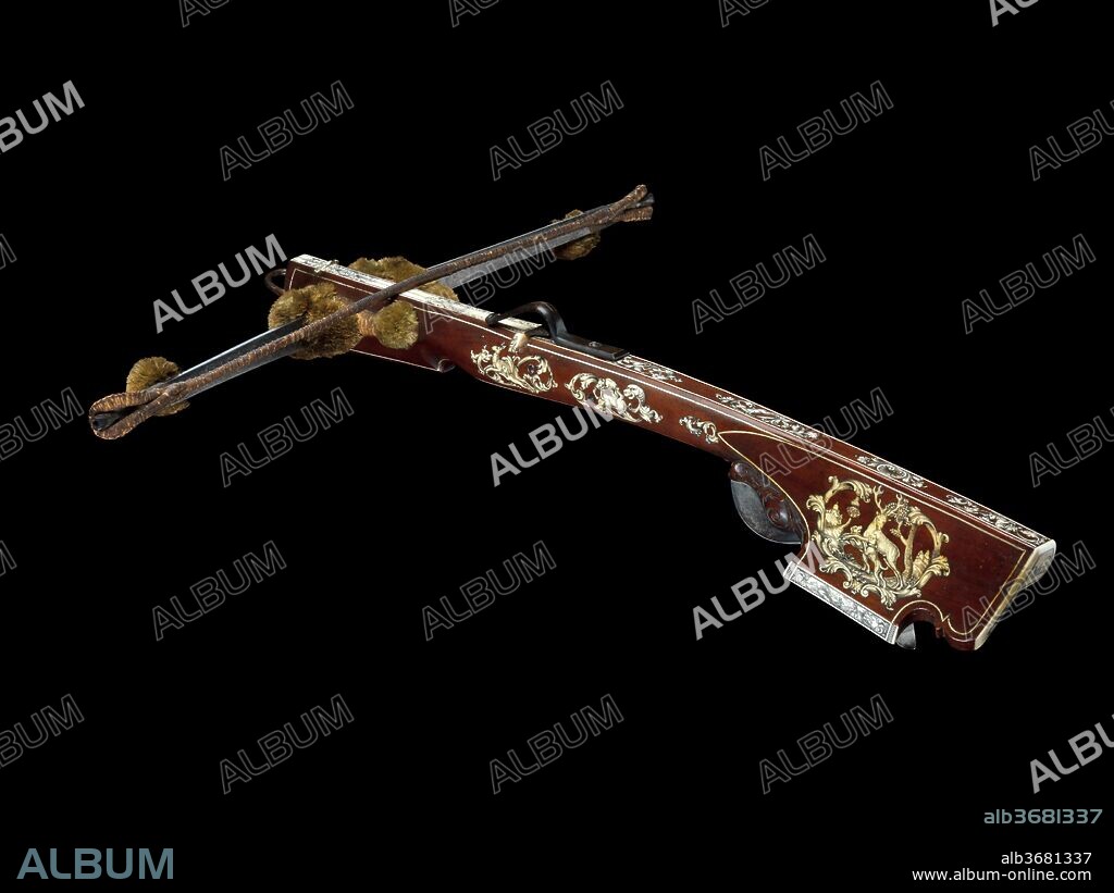 Small Crossbow (Schnepper), Probably for a Woman or Child. Culture: German, Dresden. Dimensions: L. 22 7/32 in. (56.4 cm); W. 16 15/16 in. (43 cm); Wt. 1 lb. 14 1/2 oz. (866 g). Maker: Johann Gottfried Hänisch the Elder (German, Dresden, 1696-1778). Date: dated 1738.
Made by the court crossbow-maker to the dukes of Saxony, this crossbow has an elegant and finely engraved inlay that distinguishes it as a weapon of high quality intended for use at the court in Dresden or in one of the other nearby ducal residences. The theme of the decoration might suggest that it was used for hunting small game, but the delicate size of this crossbow indicates that it probably was used by a lady or a child for shooting competitions, some of which would have been held indoors.