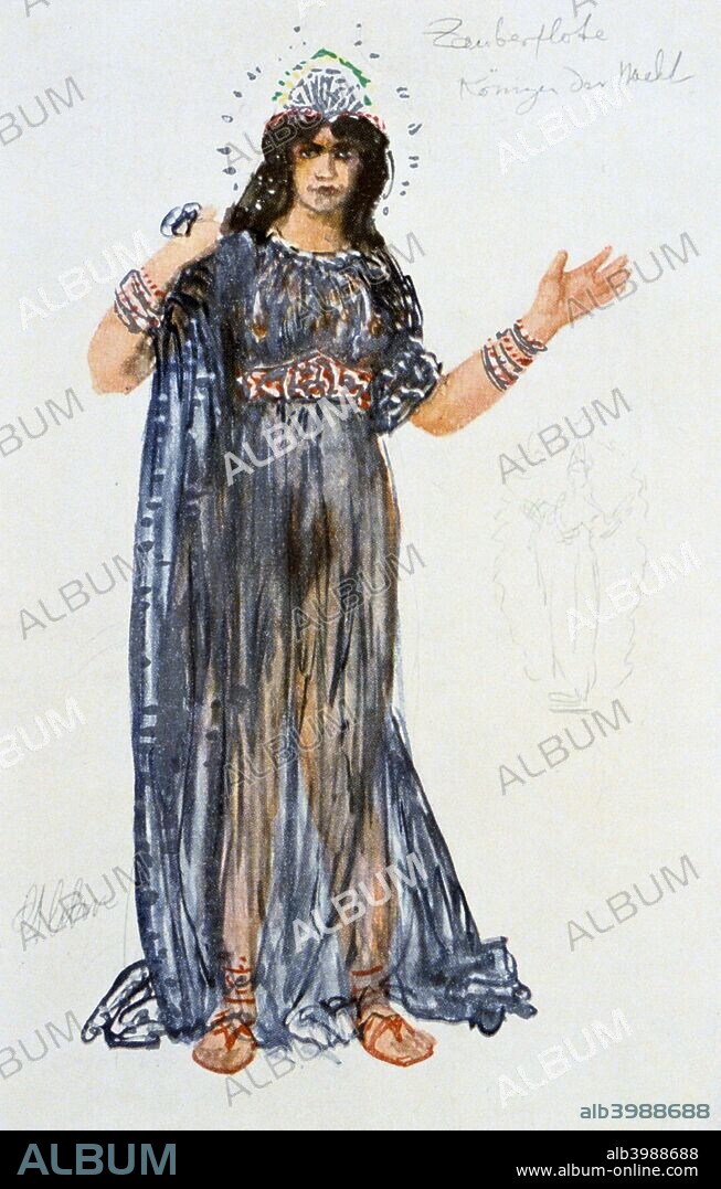 Costume design for the Queen of the Night, 1913. A character in The Magic Flute (Die Zauberflote), the opera by Wolfgang Amadeus Mozart (1756-1791) with libretto by Emanuel Schikaneder (1751-1812) which was first produced in Vienna in 1791. The plot has overtones of Freemasonry. Some say the Queen of the Night is based on the Empress Maria Theresa (1717-1780). Design for a 1913 production at the Paris Opera. From the Bibliotheque Nationale, Paris.