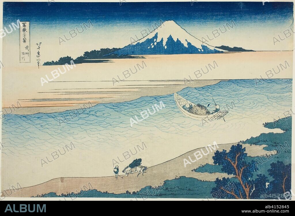 Tama River in Musashi Province (Bushu Tamagawa), from the series "Thirty-six Views of Mount Fuji (Fugaku sanjurokkei)". Katsushika Hokusai ?? ??; Japanese, 1760-1849; Publisher: Hibino Yohachi; Japanese, unknown. Date: 1825-1837. Dimensions: 26.2 x 37.5 cm (10 1/4 x 14 3/4 in.). Color woodblock print; oban. Origin: Japan.
