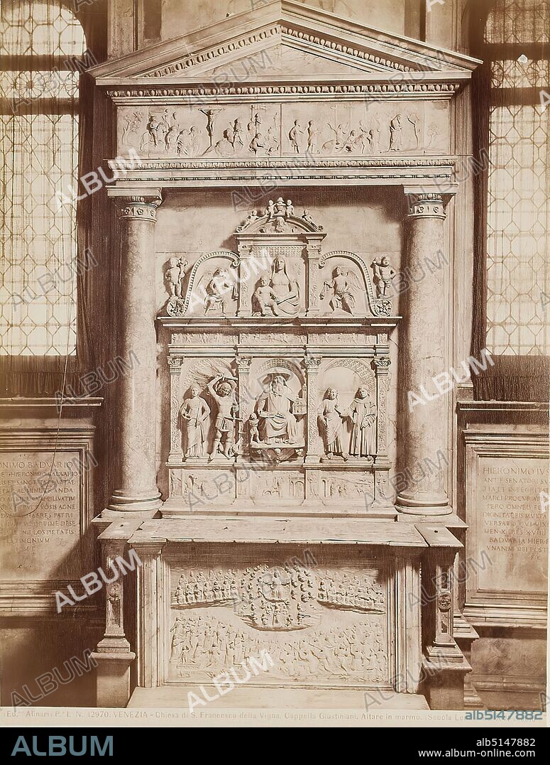 altar of San Francesco della Vigna, Giustiniani Chapel, Venice, albumin paper, black and white positive process, image size: height: 25,50 cm; width: 19,30 cm, 0. VENEZIA - Chiesa di S. Francesco della Vigna, Cappella Giustiniani. Altars in marmo. (Scuola Lombarda. XVI secolo), architectural photography, travel photography, interior of a church, sculpture, sculpture, sculpture art, altar, Venice.