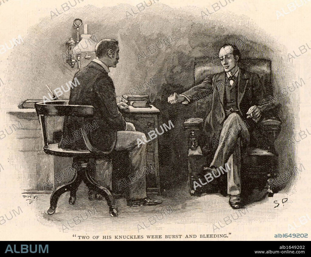 The Adventure of the Final Problem'. Sherlock Holmes calling on Dr Watson to ask for his help to defeat his adversary, Professor Moriarty, ' the Napoleon of crime, '.  Illustration by Sidney E Paget (1860-1908) for 'The Adventures of Sherlock Holmes'  by Arthur Conan Doyle in 'The Strand Magazine' (London, 1893).  Paget was the first artist to draw  Holmes.