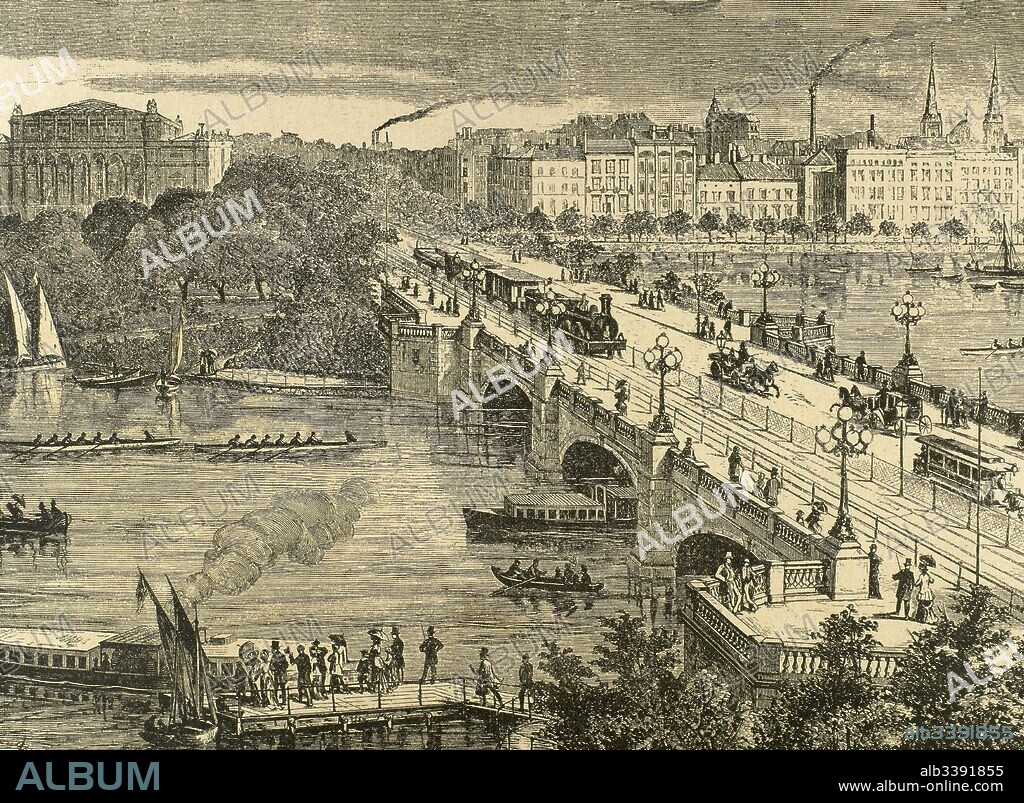 Hamburgo. Vista de la ciudad con el Puente Lombardo sobre el río Alster. Alemania. Grabado del siglo XIX.
