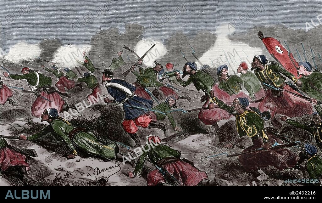 Second Italian War of Independence. Battle of Turbigo, 3 june 1859. Franco-Piedmontese troops crossed the Ticino. Engraving by Dumont. El Album de las Familias, 1859. Colored.