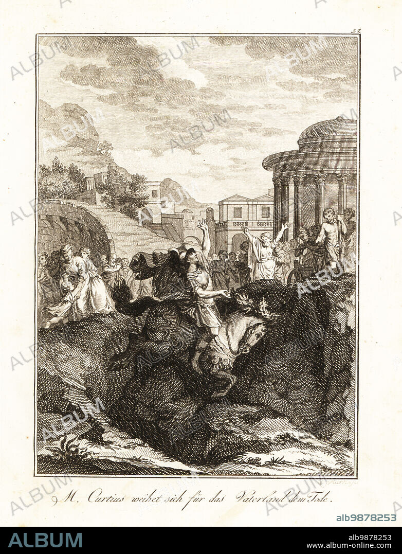 Roman centurion Marcus Curtius sacrificing himself on horseback by jumping into a chasm near the Forum after an earthquake in Rome, 362 BC. Devouement volontaire de Curtius. Copperplate engraving after a design by Benjamin Samuel Bolomey from Professor Joseph Rudolf Zappes Gemalde aus der romischen Geschichte, Pictures of Roman History, Joseph Schalbacher, Vienna, 1800. German edition of Abbe Claude Francois Xavier Millots Abrege de lHistoire Romaine.