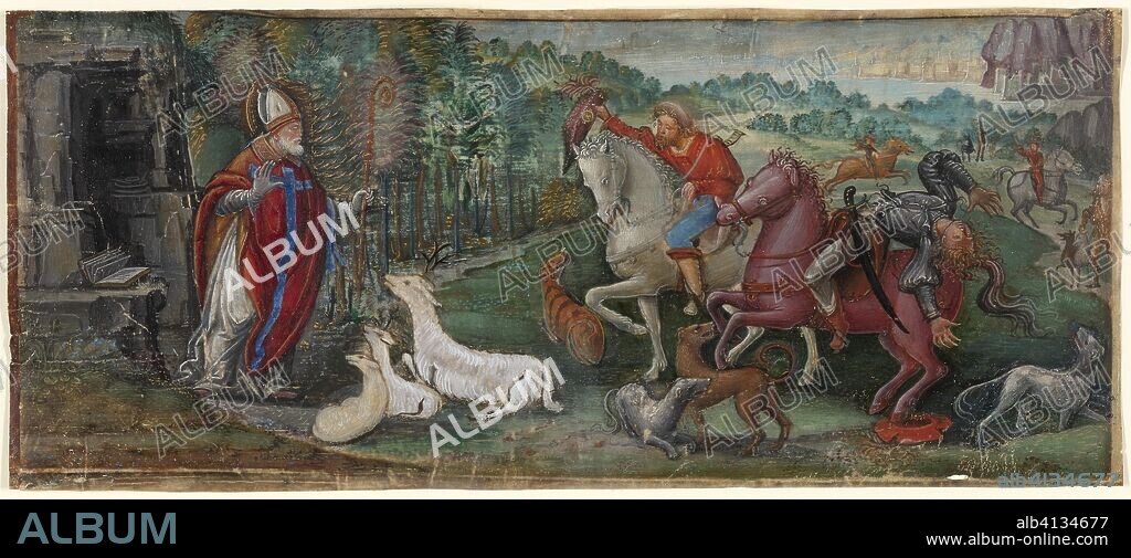 Miracle of the Deer of Saint Bassiano, from a Choir Book. Master B. F. (possibly Francesco Binasco); Italian (Lombardy), about 1490-about 1545. Date: 1500-1510. Dimensions: 126 x 295 mm. Opaque watercolor and shell gold on parchment. Origin: Italy.