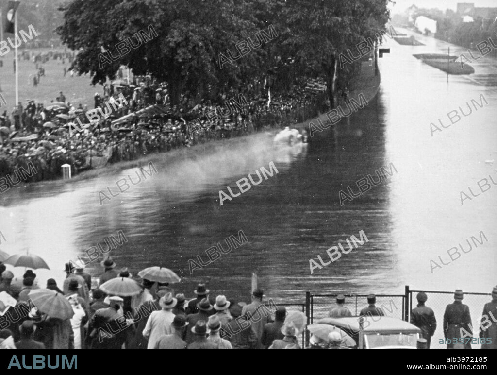 Auto Union in action at the Avus motor racing circuit, Berlin, Germany, 1934. The duel between the rival Auto Union and Mercedes teams was a feature of motor racing in the 1930s.