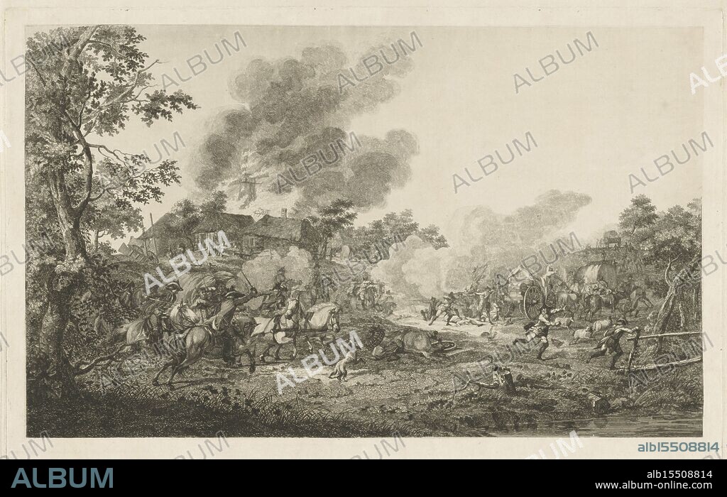 Langendijk, Dirk, Netherlands, Bemme, Joannes, Battle of Castricum, 1799, Cavalry charge at a burning mill, verso - stamped, Combat actions, in the foreground on the left a cavalry battle. On the right shooting infantry and a convoy of horses and wagons. In the background a burning mill on a hill. The original older representation in print as a battle in the vicinity of Castricum, October 6, 1799., print, prints, Frederik Muller Historieplaten, height 309 mm, width 482 mm, Noord-Nederlands, 1775-09-05 - 1841-09-15, print maker, printmaker, 1799 - 1799, paper, papier, etching, etchings, engraving, engraving (printing process), 1748-03-08 - 1805-12-15, intermediary draughtsman.