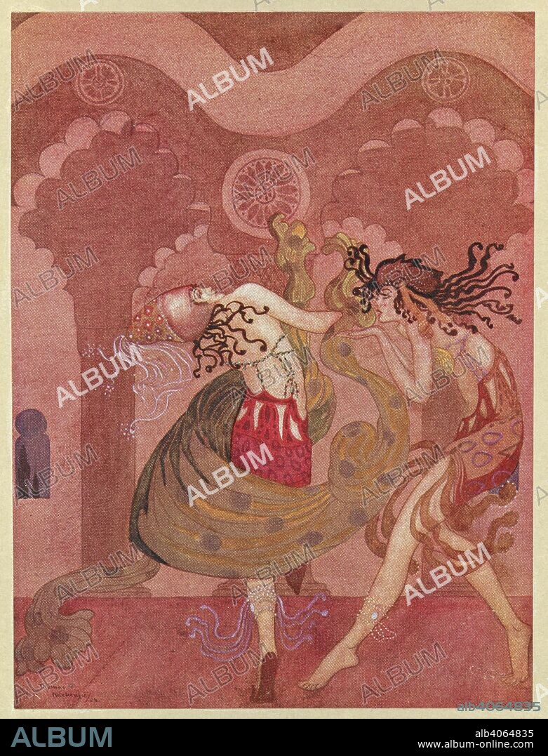 THOMAS MACKENSIE and JAMES ELROY FLECKER. O the roses, o desire!  Act.II. Scene I  Dancers. Hassan ... With illustrations by Thomas Mackenzie. London : William Heinemann, 1924. Source: 11774.k.13 plate opposite page 32.