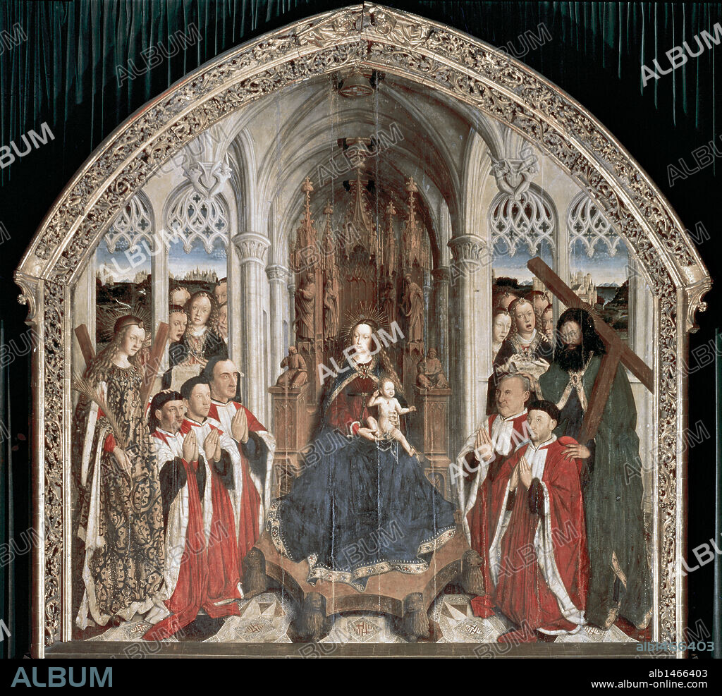ARTE GOTICO. ESPAÑA. S. XV. LLUIS DALMAU (1443-1445). RETABLO DE LA VIRGEN DE LOS "CONSELLERS" (VERGE DELS CONSELLERS) con la representación de los cinco concejales de la ciudad de Barcelona en actitud de adoración. Museo de Arte de Cataluña. Barcelona. Cataluña.