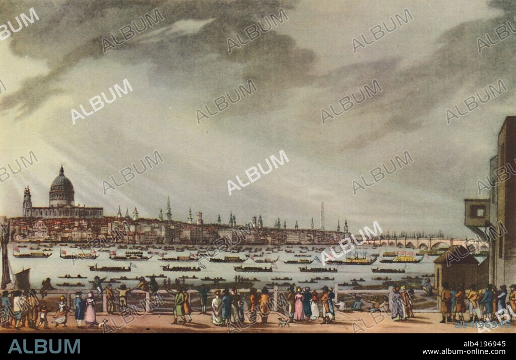 'Lord Nelson's Funeral Procession by Water from Greenwich Hospital to Whitehall, January 9th, 1806', (1948). Flotilla of boats on the River Thames in London, accompanying Nelson's body to St Paul's Cathedral which can be seen in the distance. Admiral Horatio Nelson was shot at the Battle of Trafalgar (1805). He was given a grand state funeral lasting over five days, befitting a hero who had delivered his country from a foreign threat. From "The Guilds of the City of London", by Sir Ernest Pooley. [Collins, London, 1948].