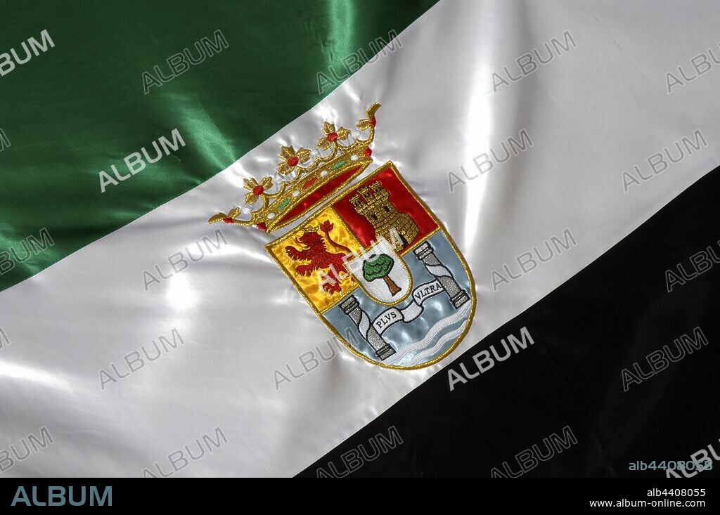 Flag and shield of Extremadura region, Spain, Europe.
