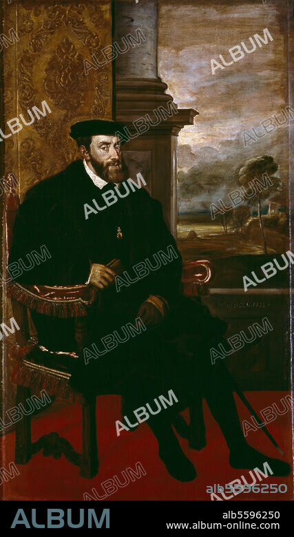 Karl V., röm.-dt. Kaiser (1519-56) und König von Spanien (ab 1516); Gent 24.2.1500 - San Geronimo de Yuste 21.9.1558. Porträt. Gemälde, 1548, von Tizian (Tiziano Vecellio, um 1488 - 1576). Öl / Lw., 203,5 × 122 cm. München, Alte Pinakothek.