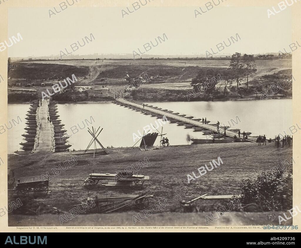 Pontoon Bridge Across the Rappahannock. Timothy O'Sullivan; American, born Ireland, 1840-1882. Date: 1863. Dimensions: 17.7 x 22.9 cm (image/paper); 31.1 x 44.7 cm (album page). Albumen print, pl. 32 from the album "Gardner's Photographic Sketch Book of the War, vol. 1" (1866). Origin: United States.