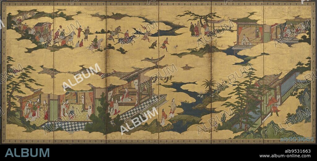 KANO MITSUNOBU. Scenes from the life of the Ming Huang Emperor and Yang Guifei (one of a pair with F1901.21). Date: late 16th-early 17th century. Origin: Japan. Period: Momoyama period. Ink, color and gold on paper.