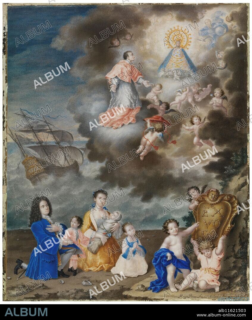 FRANCISCO ANTONIO MELÉNDEZ. Francisco Antonio Meléndez / 'Exvoto de Francisco Antonio Meléndez y su familia, en acción de gracias a la Virgen de Atocha'. 1728. Témpera, Aguada sobre vitela, 37,8 x 31,3 cm.