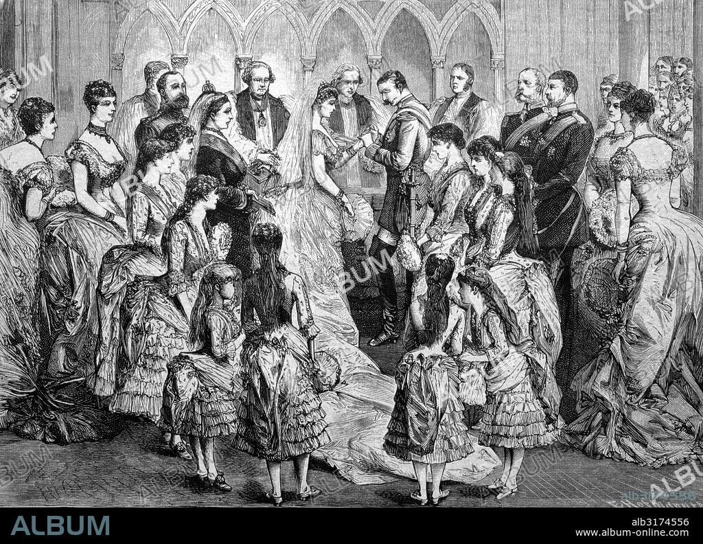 Wedding, 1885, of princess beatrice of england (1857-1944), with prince henry maurice von battenberg (1858-1896), historical illustration, circa 1886.