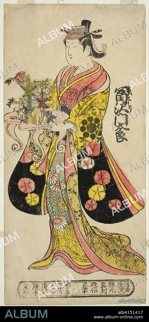 The Actor Tomizawa Montaro I as Miyako no Mae in the play "Izu Genji Horai Yakata," performed at the Ichimura Theater in the eleventh month, 1736. Okumura Masanobu; Japanese, 1686-1764. Date: 1736. Dimensions: 31.5 x 15.0 cm. Hand-colored woodblock print; hosoban, urushi-e. Origin: Japan.